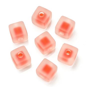 Frosted Acrylic European Beads, Bead in Bead, Cube, Orange Red, 13.5x13.5x13.5mm, Hole: 4mm