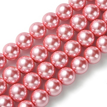 Eco-Friendly Glass Pearl Beads Strands, Grade A, Round, Dyed, Cotton Cord Threaded, Pearl Pink, 12mm, Hole: 1.2~1.5mm, about 34pcs/strand, 15.7 inch