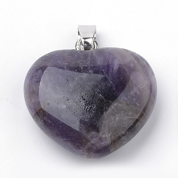 Natural Amethyst Pendants, with Alloy Findings, Heart, Platinum, 27~29x28x11mm, Hole: 3.5x5mm