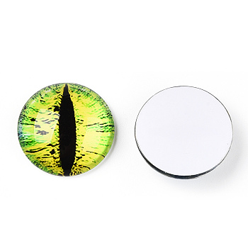 Glass Cabochons, Half Round with Evil Eye, Vertical Pupil, Green Yellow, 20x6.5mm