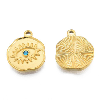 304 Stainless Steel Pendants, with Sapphire Rhinestone, Nuggets with Eye, Real 18K Gold Plated, 19x16x2.5mm, Hole: 1.2mm