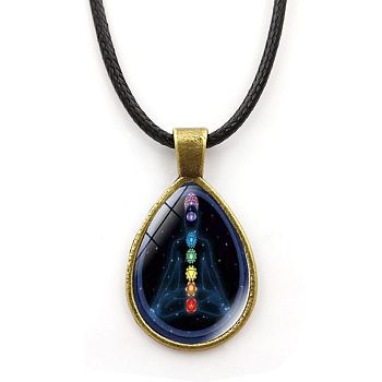 Yoga Theme Alloy Teardrop Pendant Necklace with Wax Rope for Women, Prussian Blue, 16.93 inch(43cm)