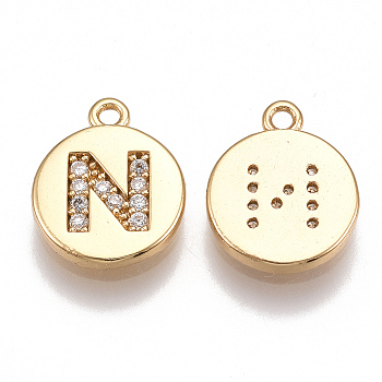 Brass Cubic Zirconia Charms, Flat Round with Letter, Real 18K Gold Plated, Clear, Letter.N, 12x10x2mm, Hole: 1mm