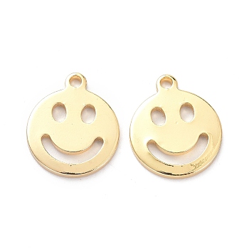 Brass Pendants, Long-Lasting Plated, Flat Round with Smiling Face, Real 14K Gold Plated, 13x11x1mm, Hole: 1.2mm