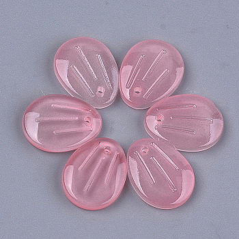 Transparent Spray Painted Glass Pendants, Petal, Flamingo, 15.5x12x3mm, Hole: 1mm