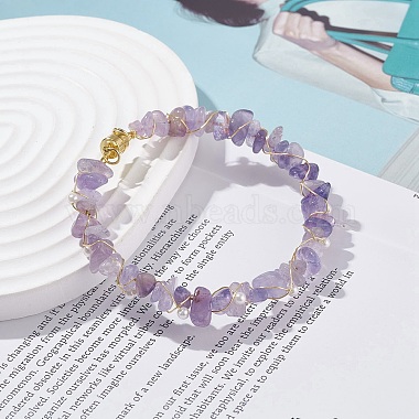 Natural Amethyst Chips Beaded Bracelet with Shell Pearl(BJEW-TA00078-02)-2