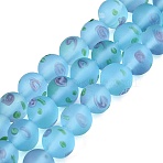 Frosted Handmade Lampwork Beads Strands, Round with Swirl Pattern, Light Sky Blue, 8~8.5mm, Hole: 0.9~1.2mm, about 44~48pcs/strand, 12.60~15.16 inch(32~38.5cm)(LAMP-Q041-07B)