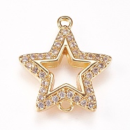 Brass Micro Pave Cubic Zirconia Links, Star, Clear, Golden, 16x15x2mm, Hole: 1mm(ZIRC-K073-02-01G)