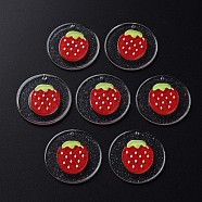 Cellulose Acetate(Resin) Pendants, with Glitter Powder, Flat Round with Strawberry, Red, 30x4~4.5mm, Hole: 1.4mm(KY-N015-78)
