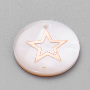 Freshwater Shell Pendants, with Iron Findings, Flat Round with Star, Rose Gold, Seashell Color, 18x3~4mm, Hole: 1mm(SHEL-S269-52)