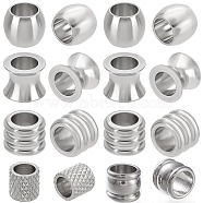 40Pcs 5 Styles 201 & 304 Stainless Steel European Beads, Large Hole Beads, Vase & Column & Barrel, Stainless Steel Color, 7~10x6~8mm, Hole: 5~6mm, 8pcs/style(STAS-BBC0001-98)