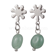 Natural Green Aventurine Twist Oval Dangle Stud Earrings, 304 Stainless Steel Flower Earrings, 25~26x7mm(EJEW-JE05664-03)