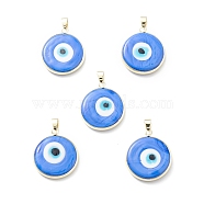 Handmade Evil Eye Lampwork Pendants, with Rack Plating Light Gold Tone Brass Findings, Long-Lasting Plated, Lead Free & Cadmium Free, Flat Round, Royal Blue, 29.5~30x25.5~26x6.5mm, Hole: 5x4.5mm(LAMP-F031-03G-06)