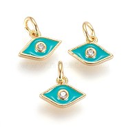 Brass Micro Pave Cubic Zirconia Charms, with Enamel and Jump Ring, Horse Eye, Golden, Dark Turquoise, 7x10x2mm, Hole: 3mm(ZIRC-G150-07G-04)