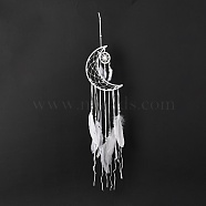 Handmade Woven Net/Web with Feather Big Pendants, with Natural Wood Beads, Moon, White, 800x200mm(DIY-C010-02)
