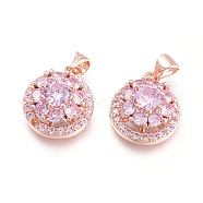 Brass Micro Pave Cubic Zirconia Pendants, Flat Round with Flower, Rose Gold, Pink, 17.5x14.5x8.5mm, Hole: 3.5x4.5mm(ZIRC-L094-01-RG)