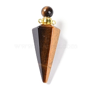 Natural Tiger Eye Faceted Cone Openable Perfume Bottle Big Pendants, with 304 Stainless Steel Findings, Golden, 49.5~51.5x18.5x18.5mm, Hole: 1.8mm(G-L524-18G-08)