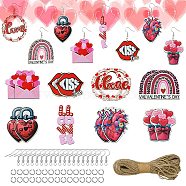 DIY Valentine's Day Pendant Decoration/Earring Making Kit, Including Wood Big Pendants, Jute Cord, Iron Earring Hooks, Lock & Word & Lip & Heart, Hot Pink, 66Pcs/bag(DIY-FS0005-42)