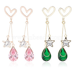 2 Pairs 2 Colors Rhinestone Star & Teardrop Dangle Stud Earrings, Brass Star Long Drop Earrings for Women, Mixed Color, 55mm, Pin: 0.6mm, 1 Pair/color(EJEW-FI0001-24)