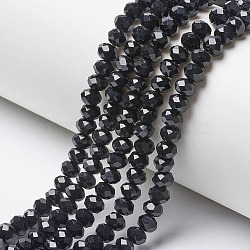 Opaque Solid Color Imitation Jade Glass Beads Strands, Faceted, Rondelle, Black, 4x3mm, Hole: 0.4mm, about 113~115pcs/strand, 41~41.5cm(EGLA-A044-P4mm-D18)