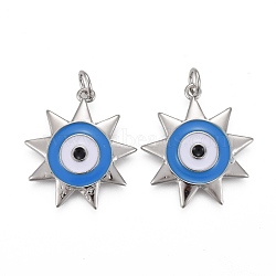 Brass Enamel Pendants, with Jump Rings, Long-Lasting Plated, Star with Sky Blue Evil Eye, Real Platinum Plated, 22x20x3mm, Hole: 3mm(KK-F821-49P)