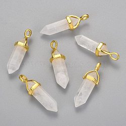 Natural Quartz Crystal Double Terminated Pointed Pendants, Rock Crystal, with Random Alloy Pendant Hexagon Bead Cap Bails, Golden, Bullet, 37~40x12.5x10mm, Hole: 3x4.5mm(G-G902-B23)