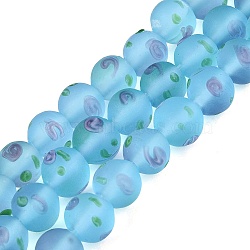 Frosted Handmade Lampwork Beads Strands, Round with Swirl Pattern, Light Sky Blue, 8~8.5mm, Hole: 0.9~1.2mm, about 44~48pcs/strand, 12.60~15.16 inch(32~38.5cm)(LAMP-Q041-07B)