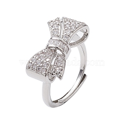 Rack Plating Brass Micro Pave Cubic Zirconia Adjustable Rings, Long-Lasting Plated, Lead Free & Cadmium Free, Bowknot, Platinum, US Size 8(18.1mm)(RJEW-H224-04P)