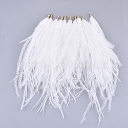 Ostrich Feather Tassel Big Pendant Decorations, with Brass Findings, Golden, White, 130~170x4mm, Hole: 1.6mm(X-FIND-S302-08A)