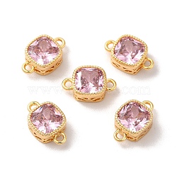 Real 18K Gold Plated Brass Cubic Zirconia Links Connectors, Square, Pink, 11x7x4mm, Hole: 1.2mm(KK-M243-04G-04)