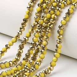 Electroplate Opaque Glass Beads Strands, Half Golden Plated, Faceted, Rondelle, Yellow, 6x5mm, Hole: 1mm, about 83~85pcs/strand, 38~39cm(EGLA-A034-P6mm-O06)