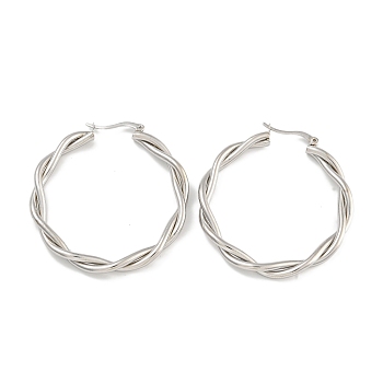 304 Stainless Steel Twist Ring Hoop Earrings for Women, Stainless Steel Color, 50x5mm