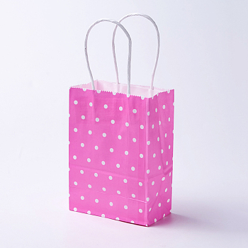 kraft Paper Bags, with Handles, Gift Bags, Shopping Bags, Rectangle, Polka Dot Pattern, Deep Pink, 27x21x10cm