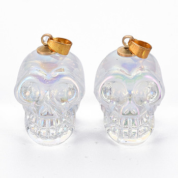 Electroplate K9 Glass Pendants, with Golden Plated Brass Bails, Skull, Halloween, Clear AB, 25x26~27x19mm, Hole: 5x3mm