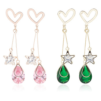 2 Pairs 2 Colors Rhinestone Star & Teardrop Dangle Stud Earrings, Brass Star Long Drop Earrings for Women, Mixed Color, 55mm, Pin: 0.6mm, 1 Pair/color