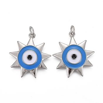 Brass Enamel Pendants, with Jump Rings, Long-Lasting Plated, Star with Sky Blue Evil Eye, Real Platinum Plated, 22x20x3mm, Hole: 3mm