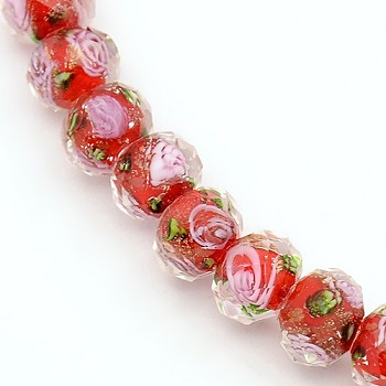 Handmade Gold Sand Lampwork Rondelle Beads Strands, Faceted, Red, 10x7mm, Hole: 2mm, about 50pcs/strand, 13.77 inch
