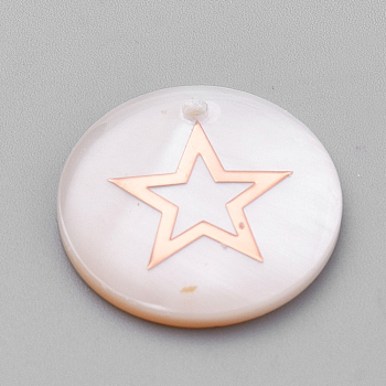 Freshwater Shell Pendants, with Iron Findings, Flat Round with Star, Rose Gold, Seashell Color, 18x3~4mm, Hole: 1mm