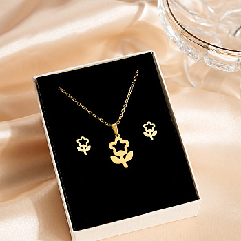 304 Stainless Steel Pendant Necklaces & Stud Earrings Sets, Golden, Flower, 460~500mm