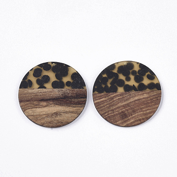 Resin & Walnut Wood Pendants, Flat Round with Spot, Pale Goldenrod, 49x3~4mm, Hole: 2mm