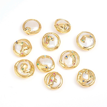Shell Pearl Beads, with Enamel and Brass Findings, Golden Plated Edge, Flat Round, Golden, 19~21.5x8.5~11.5mm, Hole: 0.6mm