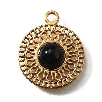 304 Stainless Steel Pave Natural Obsidian Pendants, Flat Round Charms, Golden, 18.5x15.5x4~4.5mm, Hole: 1.9mm