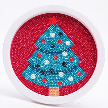 DIY Christmas Theme Diamond Painting Kits For Kids, Christmas Tree Pattern Photo Frame Making, with Resin Rhinestones, Pen, Tray Plate and Glue Clay, Mixed Color, 19.7x1.6cm, Inner Diameter: 16.9cm