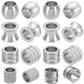 40Pcs 5 Styles 201 & 304 Stainless Steel European Beads, Large Hole Beads, Vase & Column & Barrel, Stainless Steel Color, 7~10x6~8mm, Hole: 5~6mm, 8pcs/style