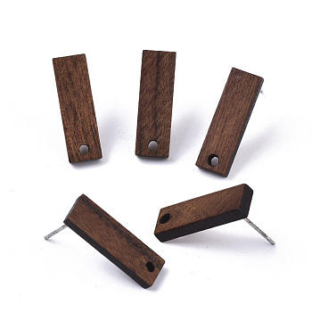 Walnut Wood Stud Earring Findings, with 304 Stainless Steel Pin, Rectangle, Coconut Brown, 20x6.5mm, Hole: 1.6mm, Pin: 0.7mm