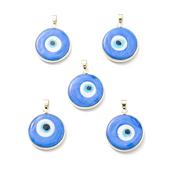 Handmade Evil Eye Lampwork Pendants, with Rack Plating Light Gold Tone Brass Findings, Long-Lasting Plated, Lead Free & Cadmium Free, Flat Round, Royal Blue, 29.5~30x25.5~26x6.5mm, Hole: 5x4.5mm