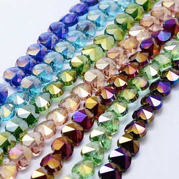 Electroplated Glass Beads Strands, Faceted, Heart, Mixed Color, 10x10x5.5mm, Hole: 1mm, about 25pcs/strand, 8.8 inch(22.5cm)
