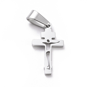 304 Stainless Steel Pendants, Laser Cut, Cross, Stainless Steel Color, 21x12x1.5mm, Hole: 3.5x7mm