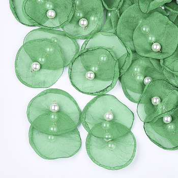 Organza Fabric Pendants, with Iron Findings and ABS Plastic Imitation Pearl, Light Gold, Medium Sea Green, 40~55x43~53mm, Hole: 2mm
