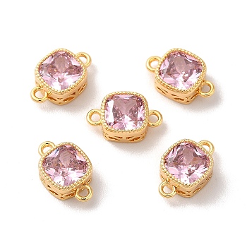 Real 18K Gold Plated Brass Cubic Zirconia Links Connectors, Square, Pink, 11x7x4mm, Hole: 1.2mm